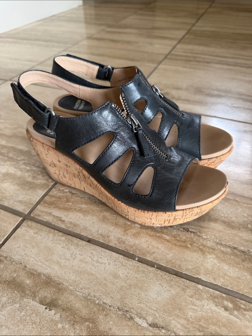 Johnston & Murphy Black Leather Cork Wedge Sandals with Zipper